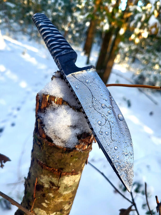 Untitled Hand forged knife on tree stump in snow
